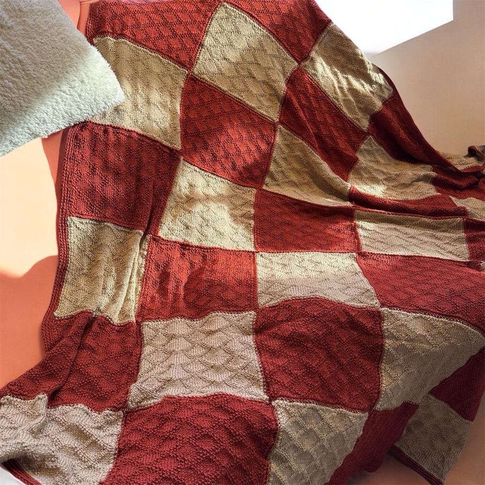 HAND KNIT Cozy Terrecotta Red and Beige Checkered Throw Blanket